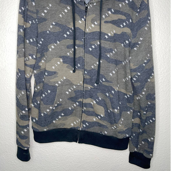 Pink Zip Up Hoodie Womens Small S Camouflage White Logo Print Kangaroo Pockets - Picture 7 of 12
